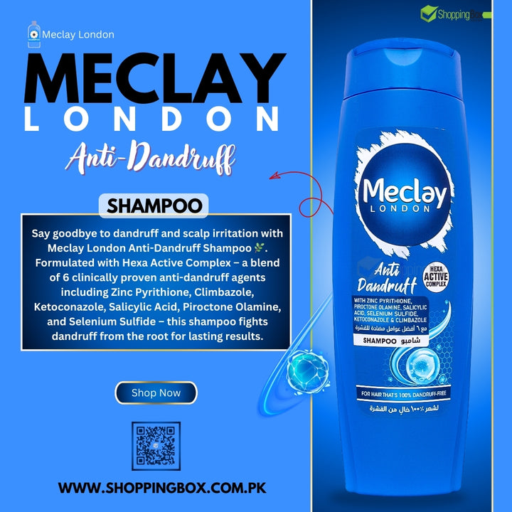 Meclay London Anti-Dandruff Shampoo bottle on a blue background with promotional text poster for Shopping Box