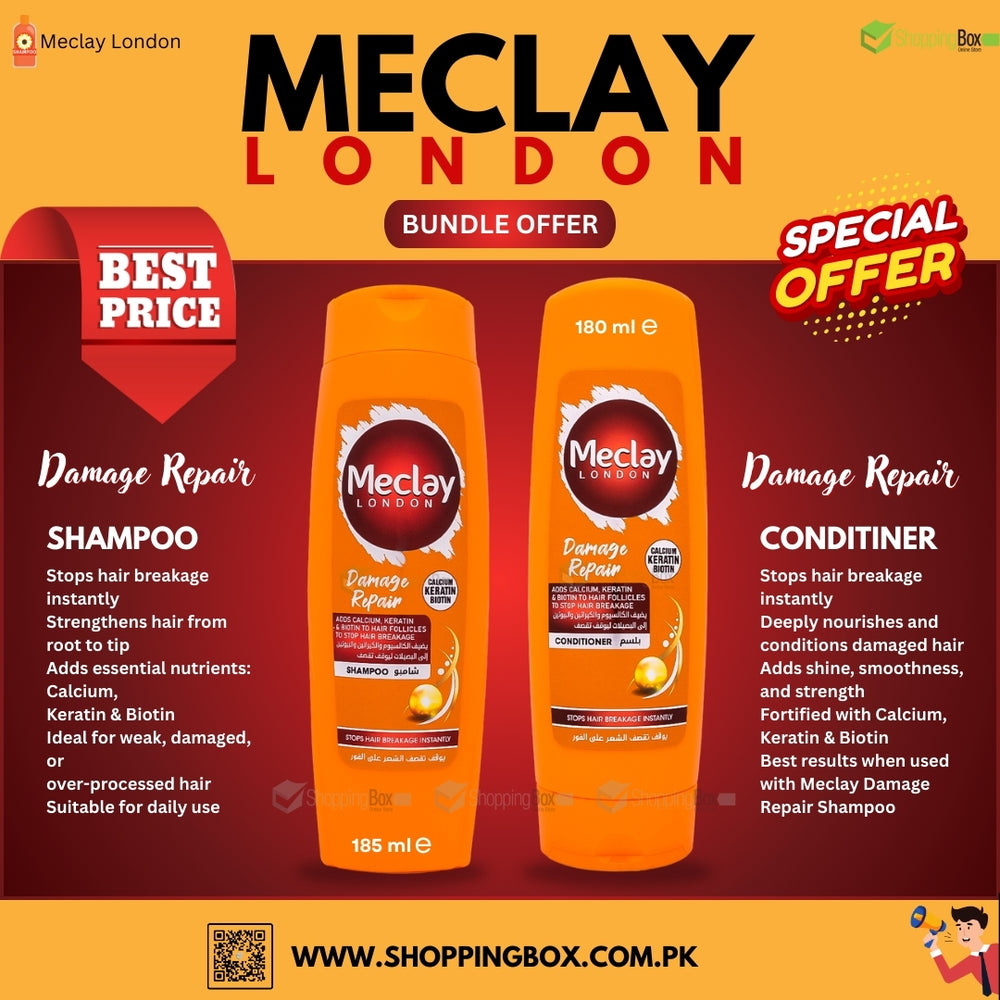 Meclay London Damage Repair Shampoo and Conditioner bundle offer on a red and yellow background.