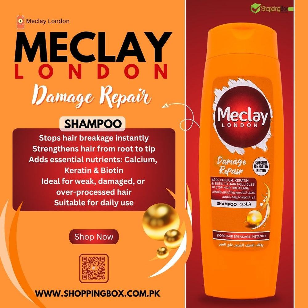 Meclay London Damage Repair Shampoo bottle on an orange background with product details.