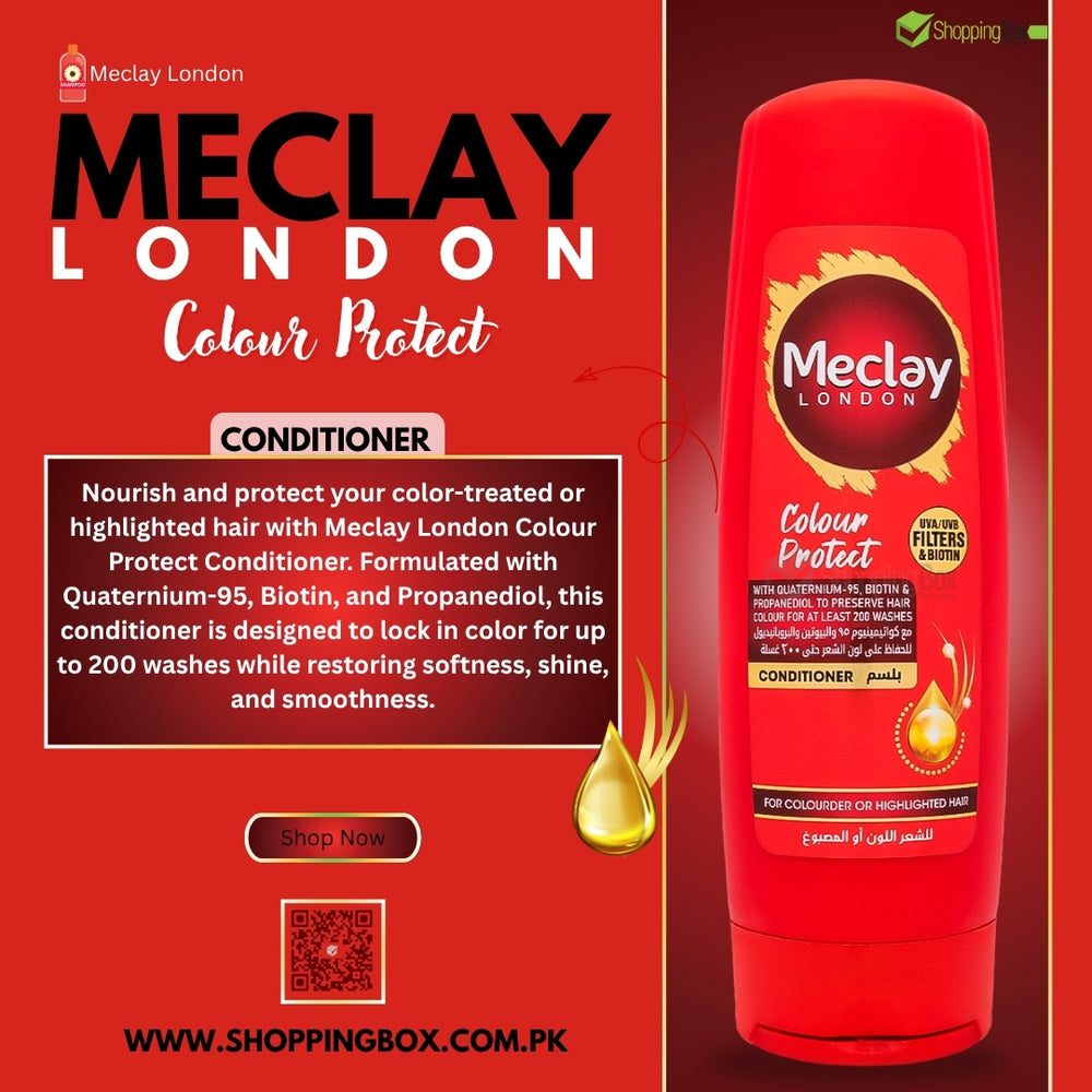 Meclay London Colour Protect Conditioner bottle on a red background with product details, shoppingbox