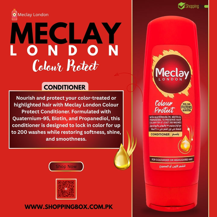 Meclay London Colour Protect Conditioner bottle on a red background with product details, shoppingbox