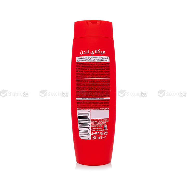 Red shampoo bottle with visible label on a white background