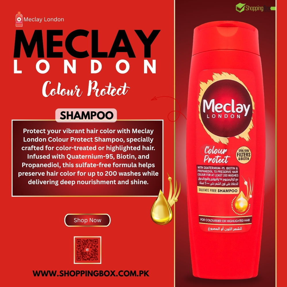 Meclay London Color Protect shampoo bottle on a red background poster with product details and shopping box QR code.
