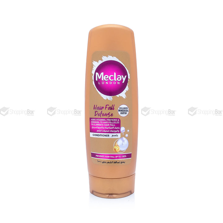 1.	Front view of Meclay London Hair Fall Defense Conditioner 180ml brown bottle