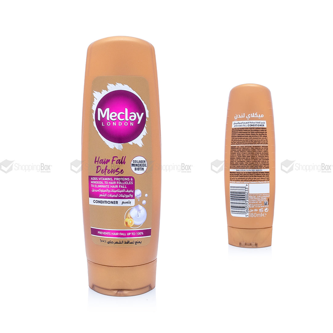 1.	Front view of Meclay London Hair Fall Defense Conditioner 180ml brown bottle