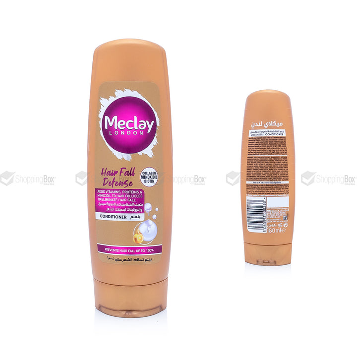 1.	Front view of Meclay London Hair Fall Defense Conditioner 180ml brown bottle