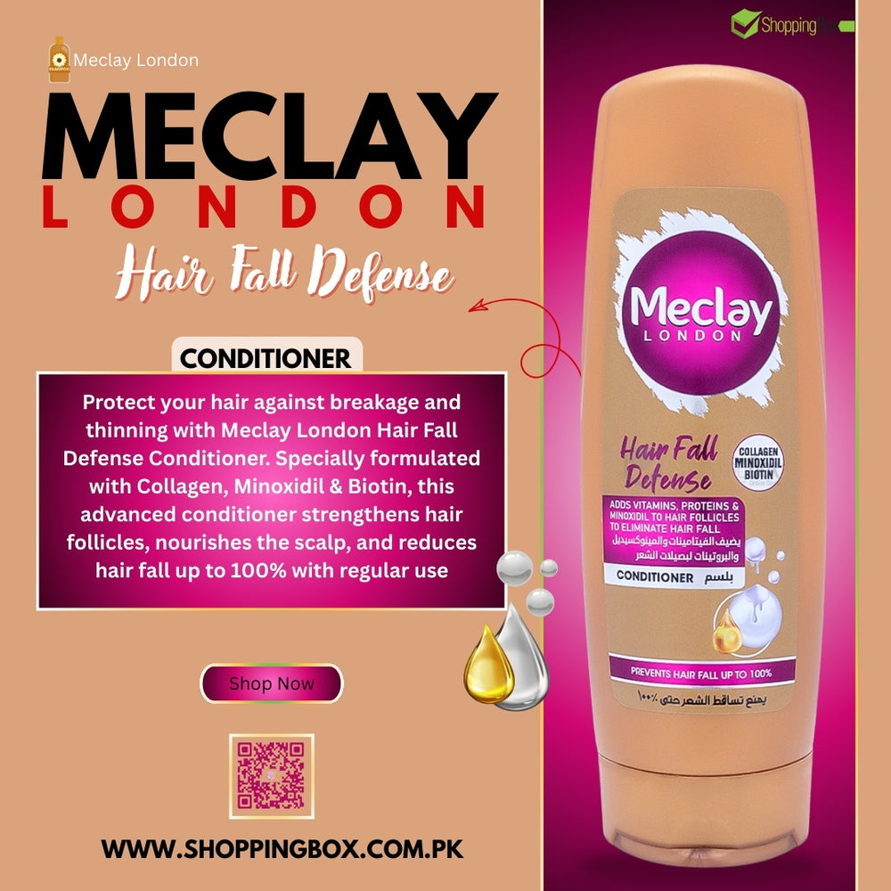 Meclay London Hair Fall Defense conditioner bottle on a promotional background with text and branding.