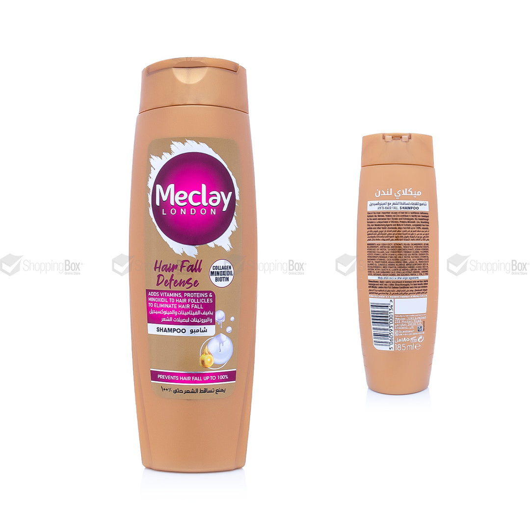 Front & Back view of Meclay London Hair Fall Defense Shampoo 185ml brown bottle