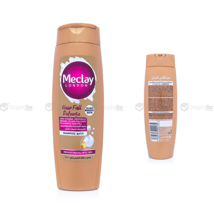 Front & Back view of Meclay London Hair Fall Defense Shampoo 185ml brown bottle