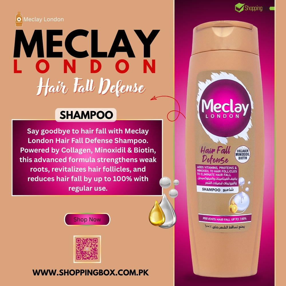 Meclay London Hair Fall Defense Shampoo bottle with promotional text on a brown background