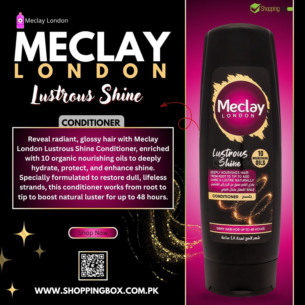 Meclay London Lustrous Shine Conditioner bottle on a promotional poster with text and branding.