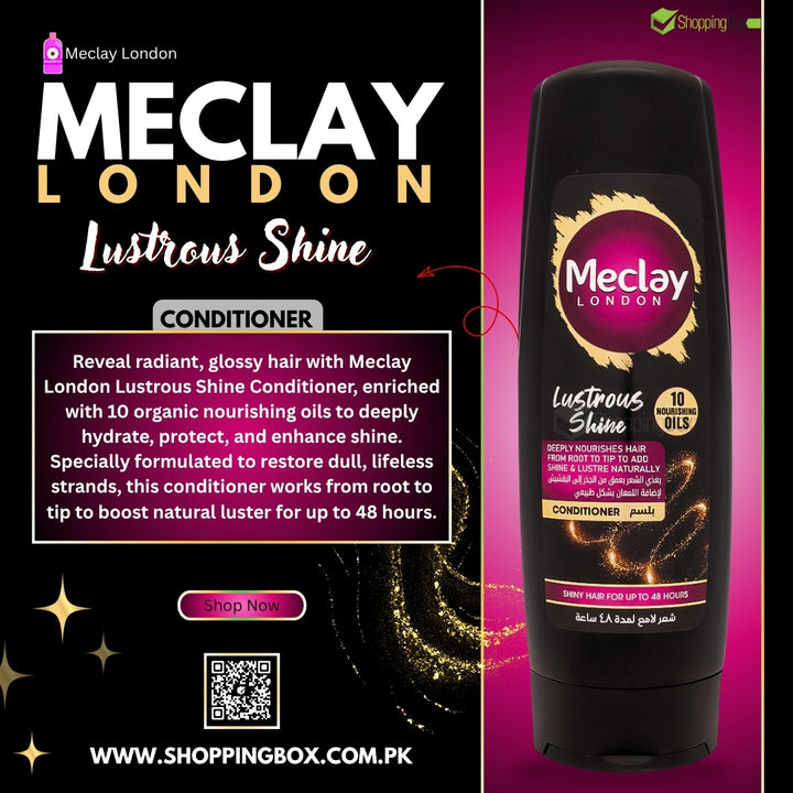 Meclay London Lustrous Shine Conditioner bottle on a promotional poster with text and branding.