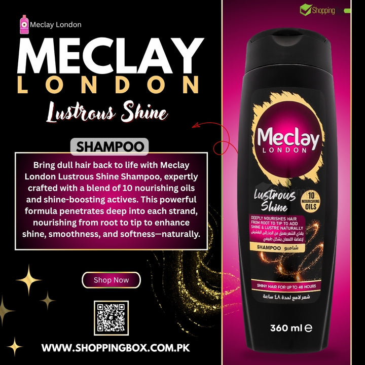 Meclay London Lustrous Shine Shampoo bottle with promotional text on a black and purple background
