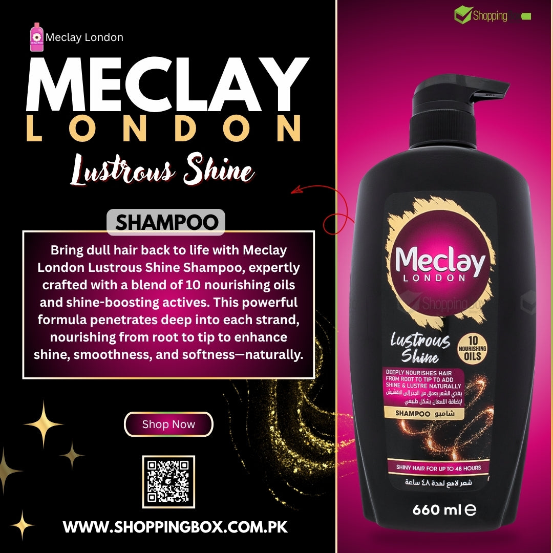 Meclay London Lustrous Shine Shampoo bottle with product details on a black and purple background