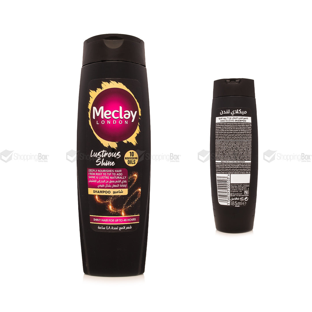 Meclay London Lustrous Shine Shampoo – 185ml Front-Back-Bottle View – Available at Shopping Box