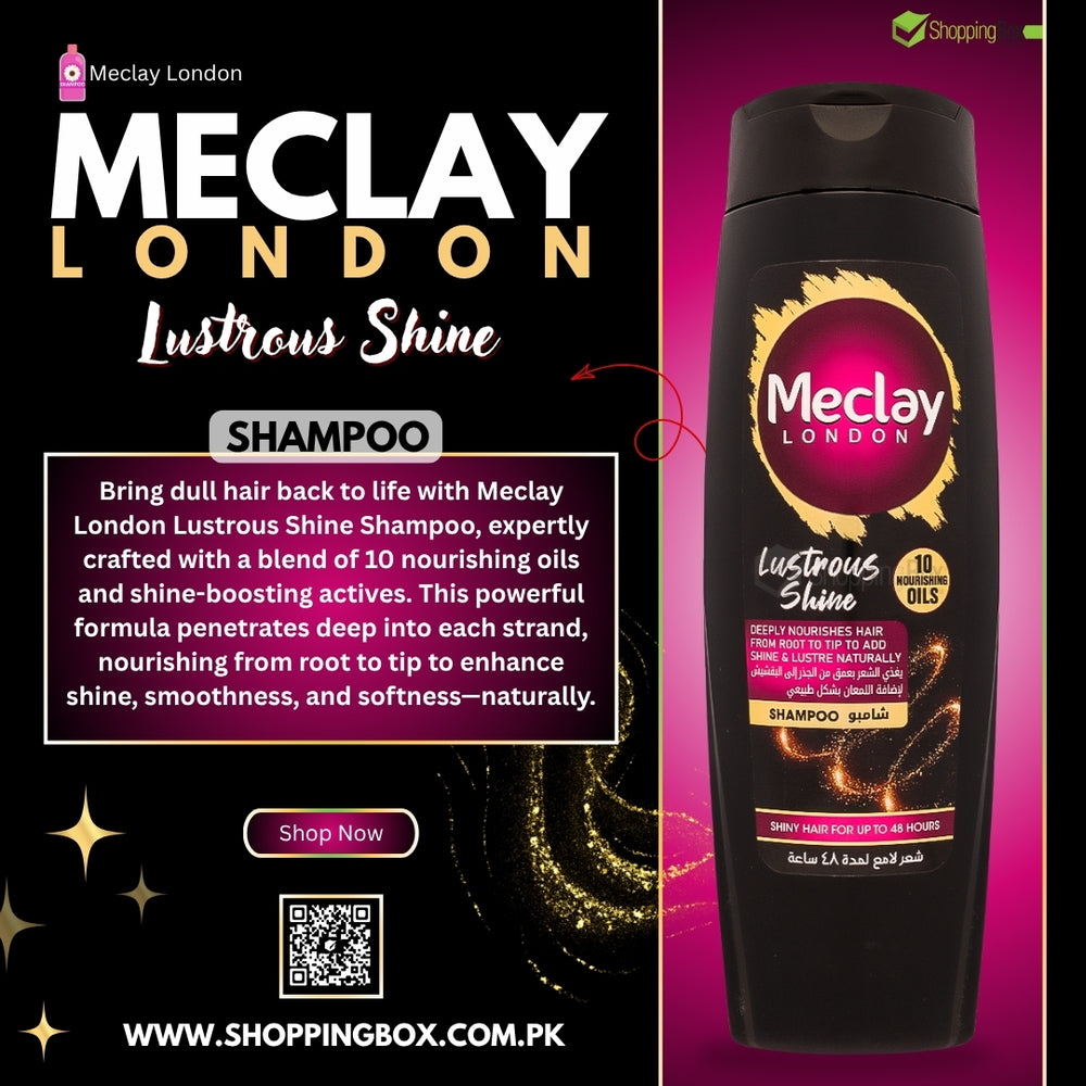 Meclay London Lustrous Shine Shampoo bottle on a promotional poster with text and branding.