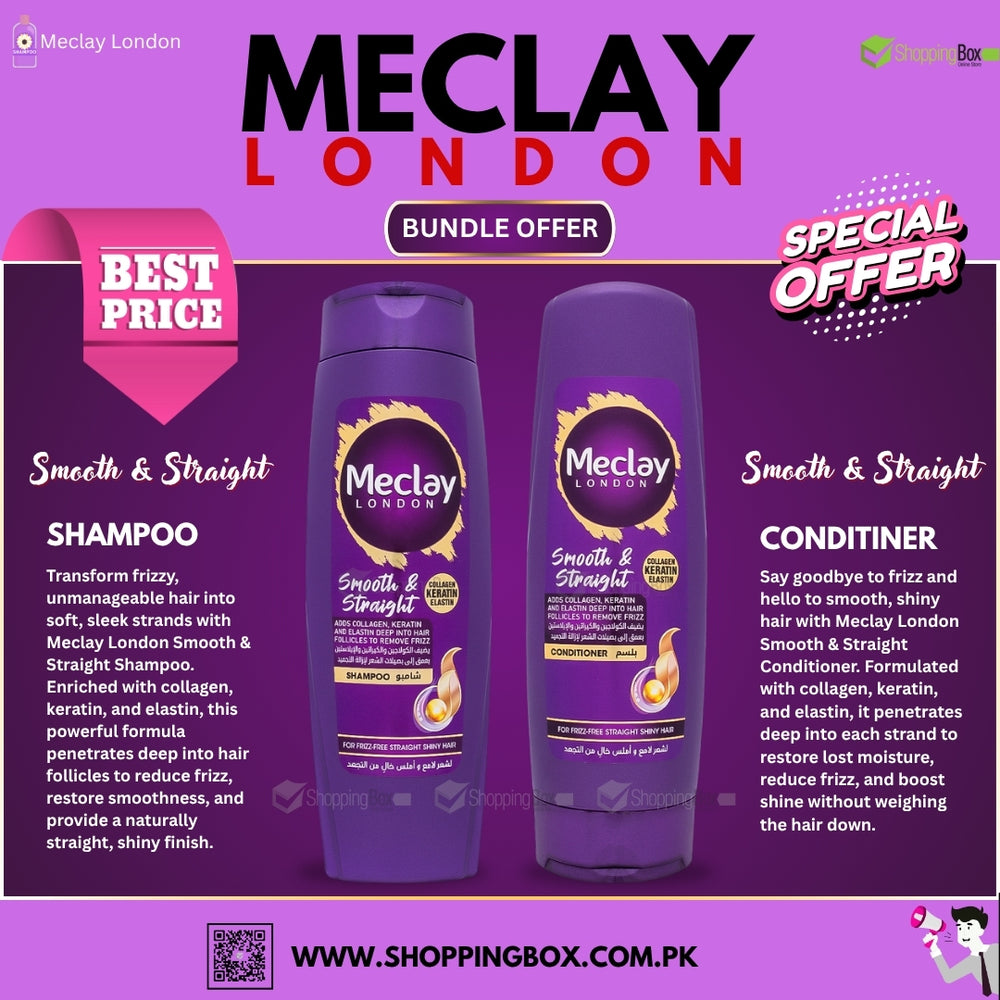 Meclay London Smooth & Straight Shampoo and Conditioner Bundle – anti-frizz haircare duo with collagen, keratin, and elastin for silky, shiny hair.