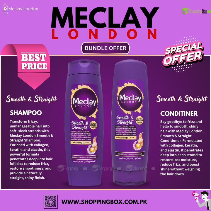 Meclay London Smooth & Straight Shampoo and Conditioner Bundle – anti-frizz haircare duo with collagen, keratin, and elastin for silky, shiny hair.