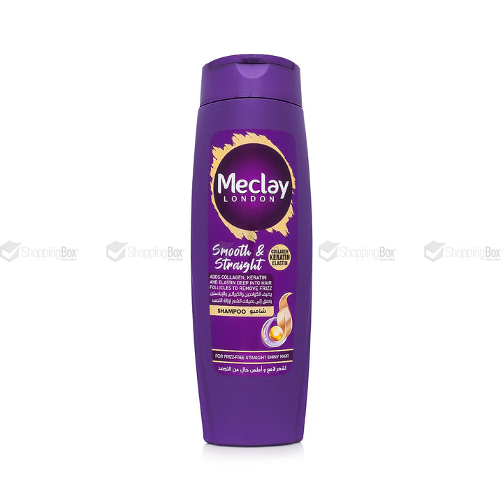 Meclay London Smooth & Straight Shampoo bottle – 185ml anti-frizz shampoo for shiny, smooth hair, enriched with collagen, keratin, and elastin.