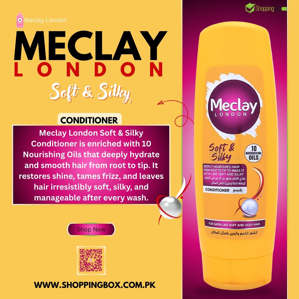 Meclay London Soft & Silky conditioner bottle on a yellow and purple at poster Shopping Box