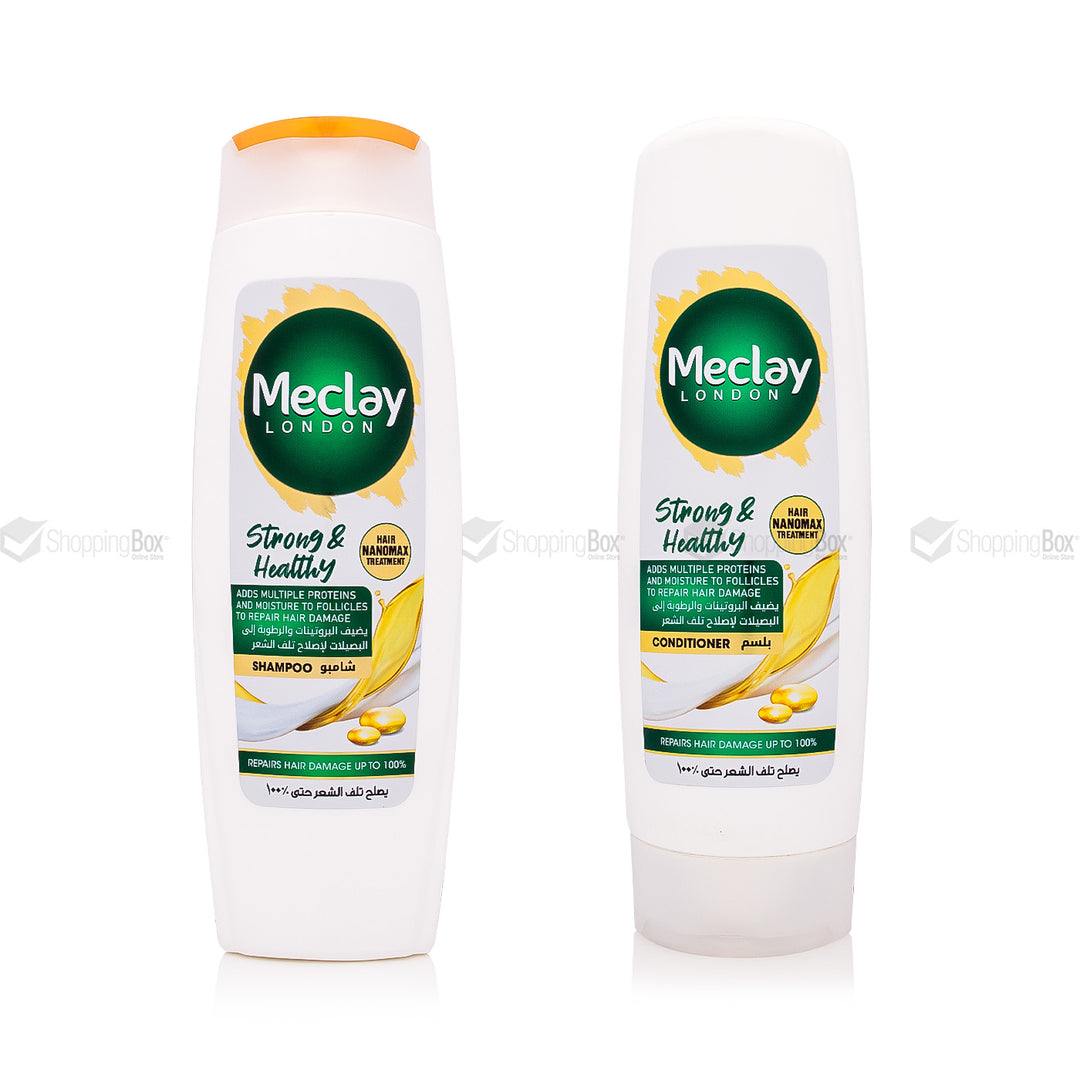 Meclay Strong & Healthy Shampoo 185ml and Conditioner 180ml bundle available at Shopping Box Online Store.