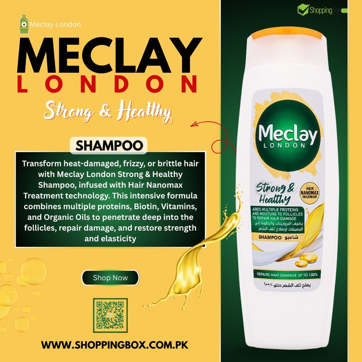 Meclay London shampoo bottle with promotional text on a yellow and green background