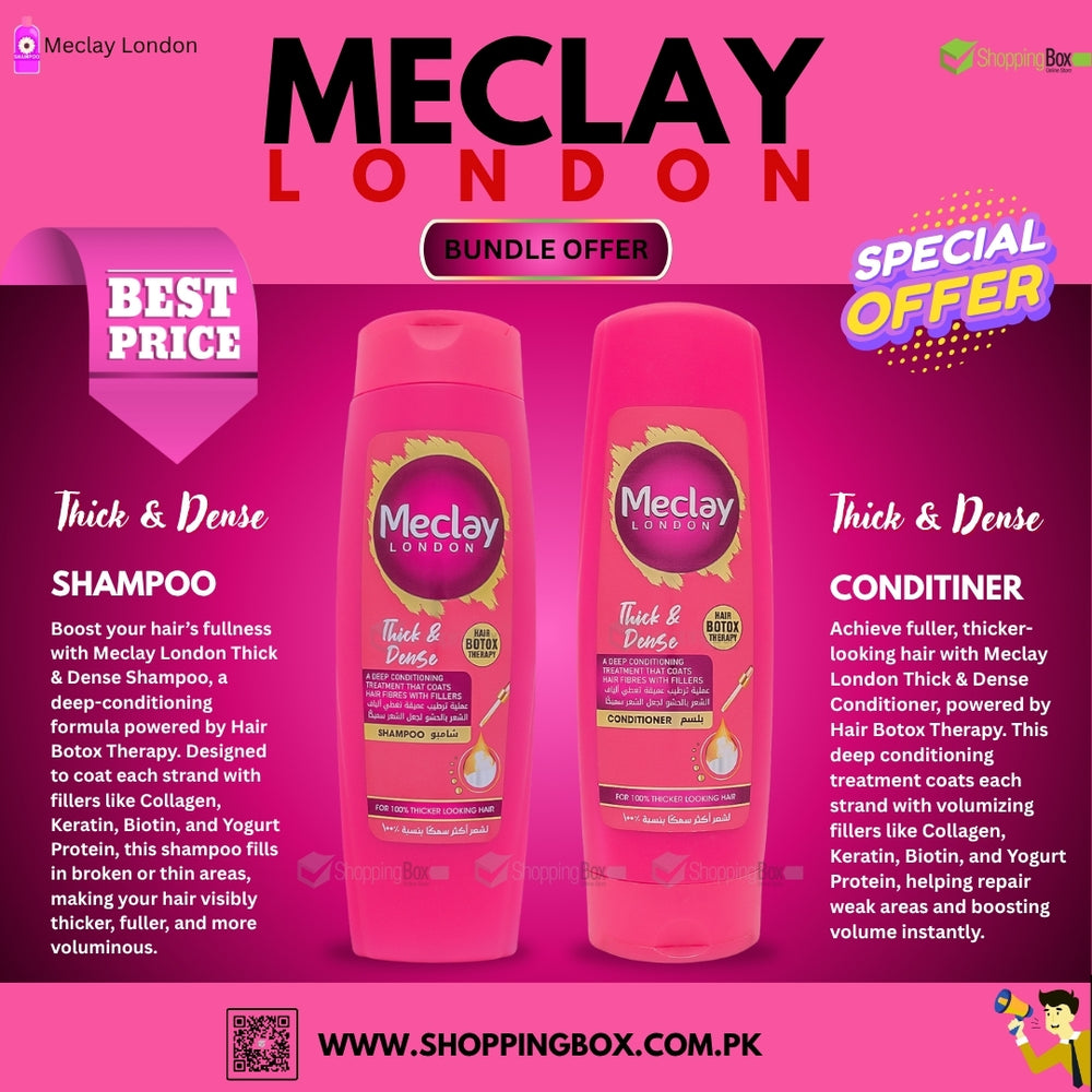 Meclay London shampoo and conditioner bottles on a pink background with promotional text.