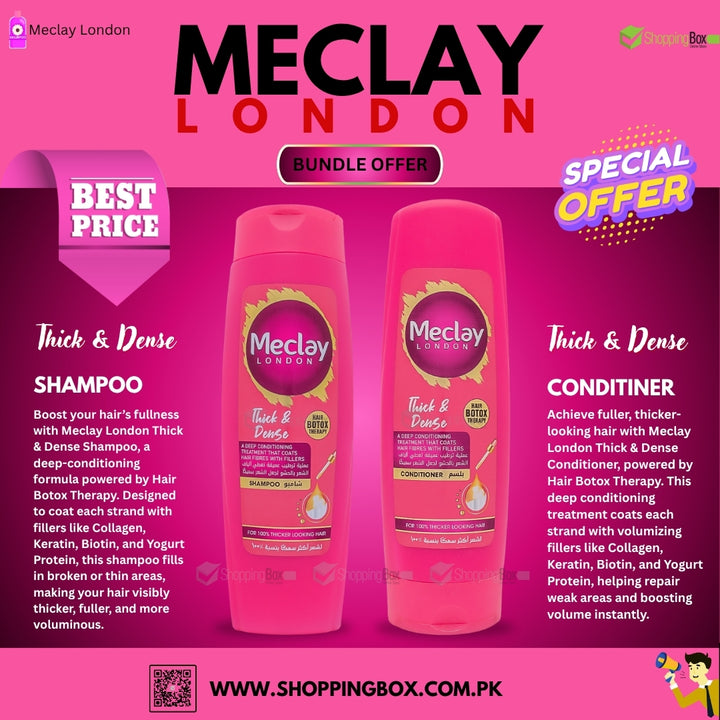 Meclay London shampoo and conditioner bottles on a pink background with promotional text.