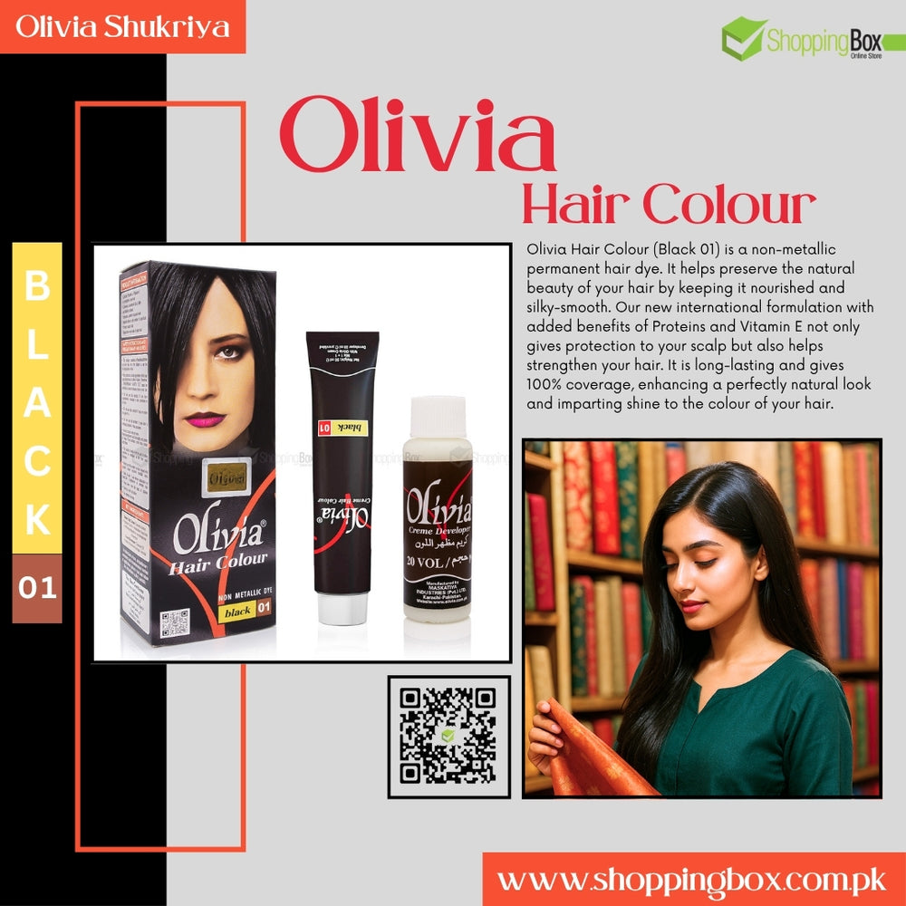 Advertisement for Olivia Hair Colour with product packaging and a woman with styled hair.