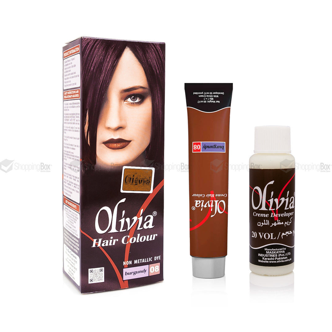 Olivia Hair Color Burgundy 08 box tube with developer