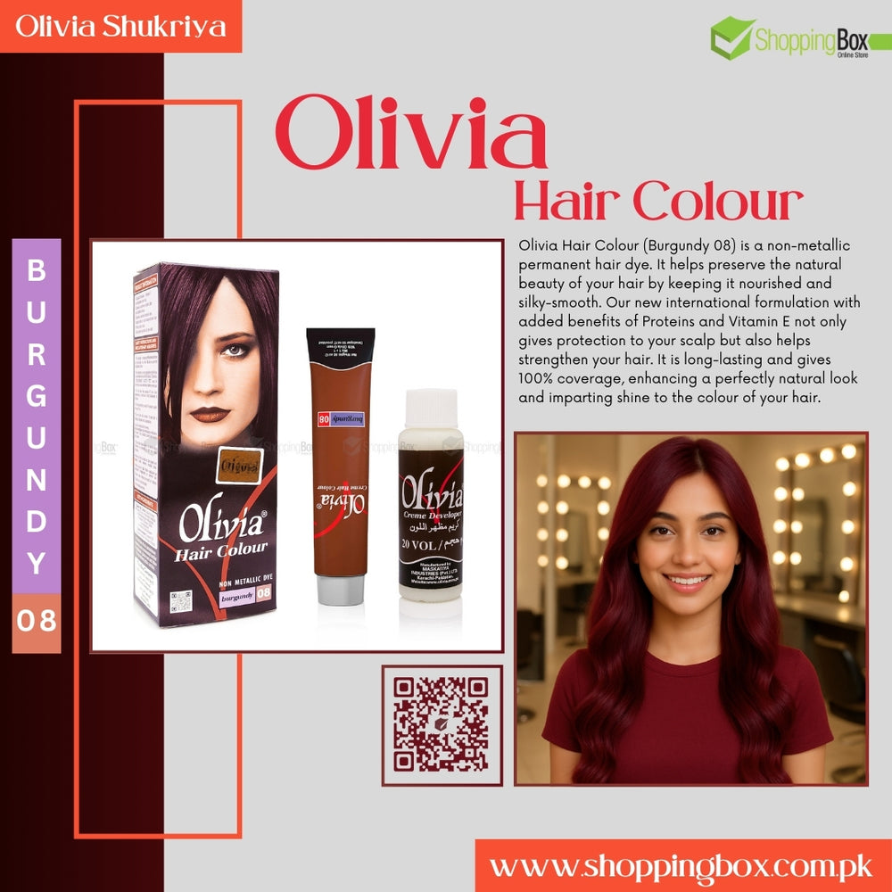 Olivia Hair Color product advertisement at shopping box with packaging, application tube, and a model with burgundy hairs.