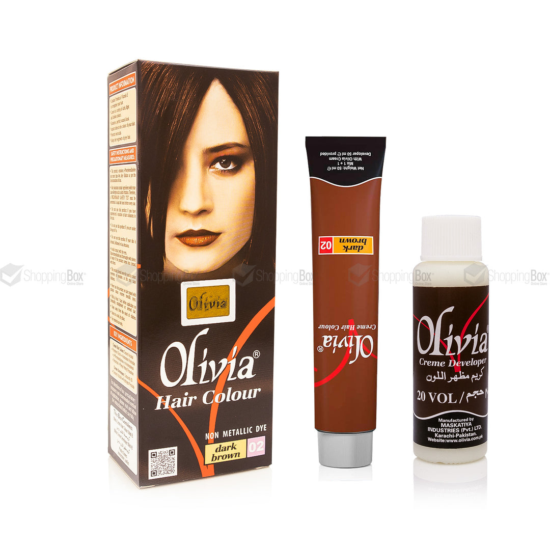 Olivia Hair Color – Dark Brown 02 contents – tube, developer, gloves – Shopping Box