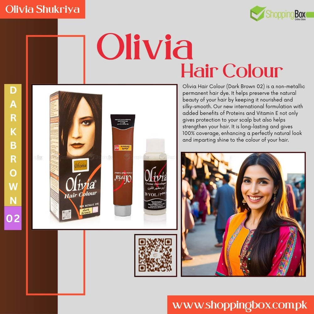 Advertisement for Olivia Hair Color with product packaging and a woman with dark Brown hair.