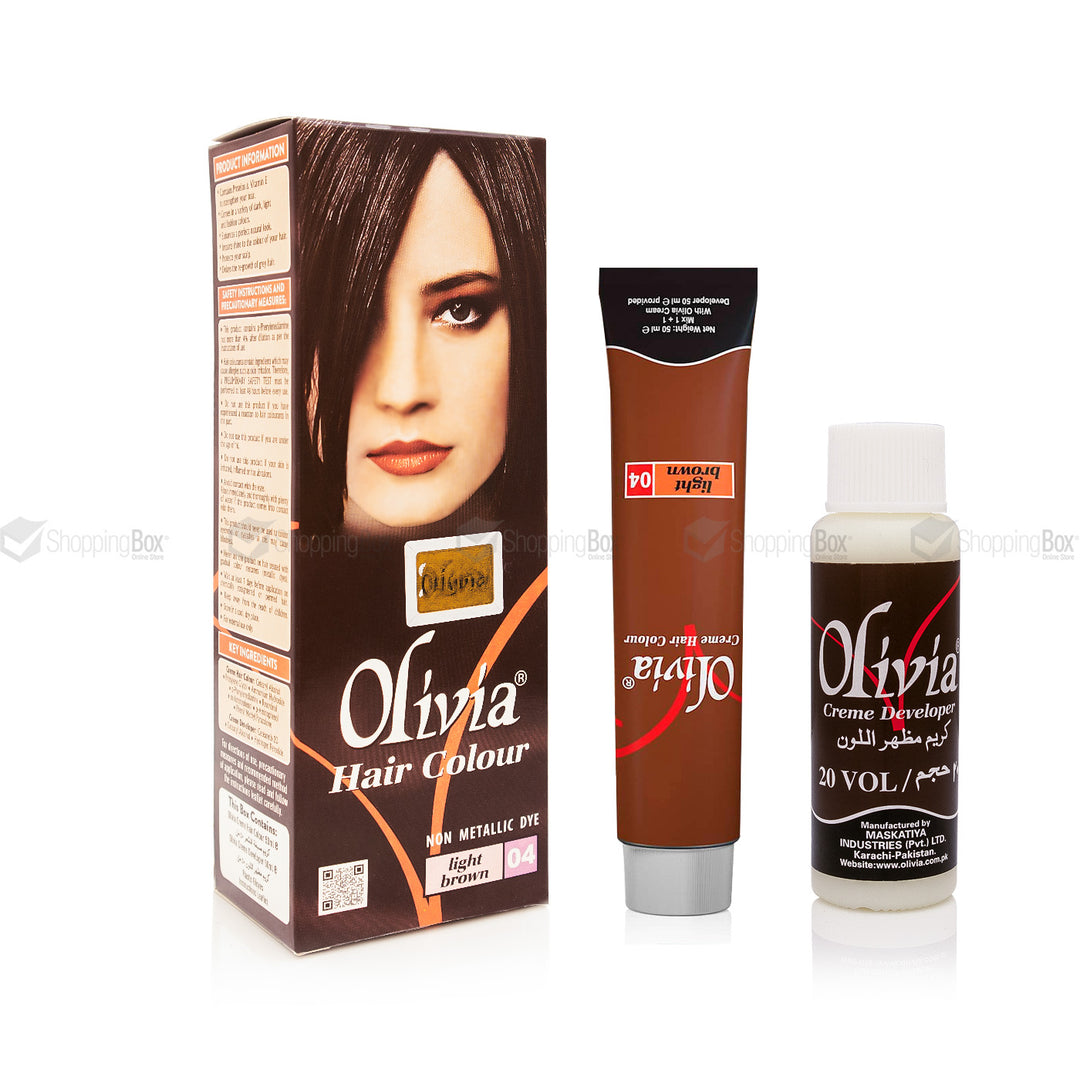 Olivia Hair Color – Light Brown 04 contents – tube, developer, gloves – Shopping Box