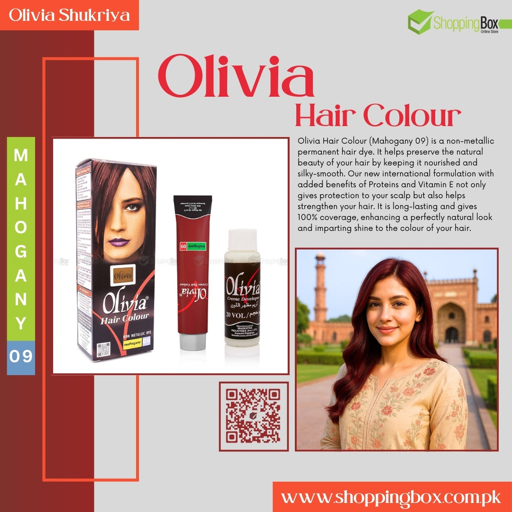 Advertisement for Olivia Hair Color at shopping box with product packaging and a woman with mahogany dyed hair.