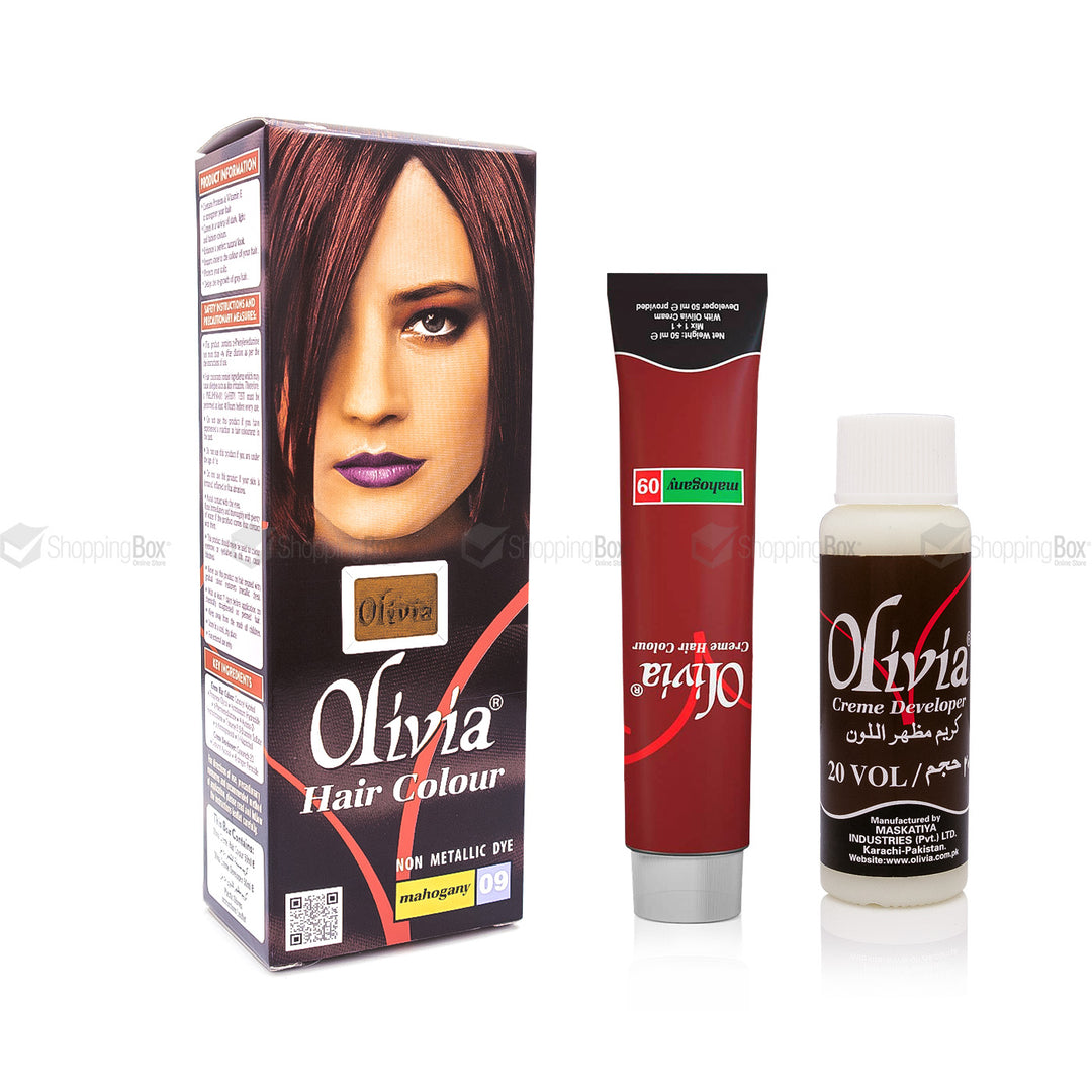 Olivia Hair Color Mahogany 09, box, tube and developer set