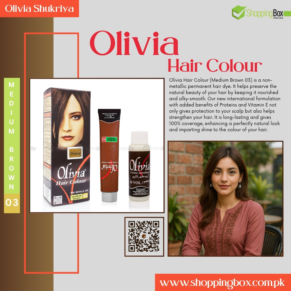 Shopping Box Advertisement Poster for Olivia Hair Color with product packaging and a woman with medium brown hair.