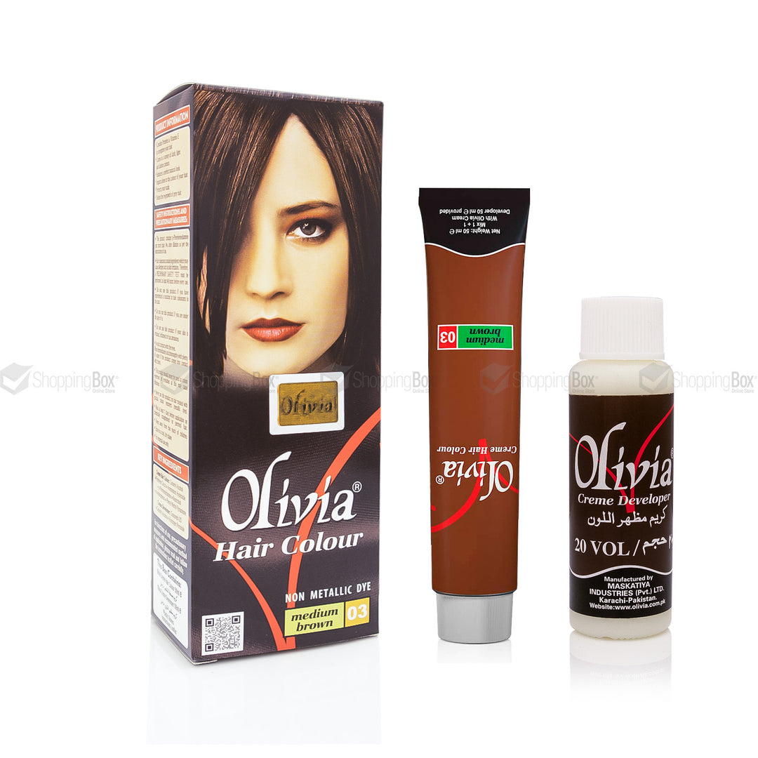 Olivia Hair Color – Medium Brown 03 contents – tube, developer, gloves – Shopping Box