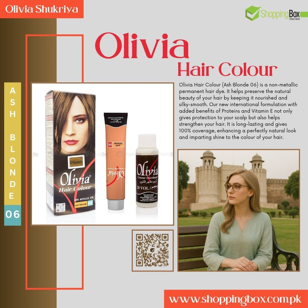 Advertisement for Olivia Hair Color with product packaging and a model poster 