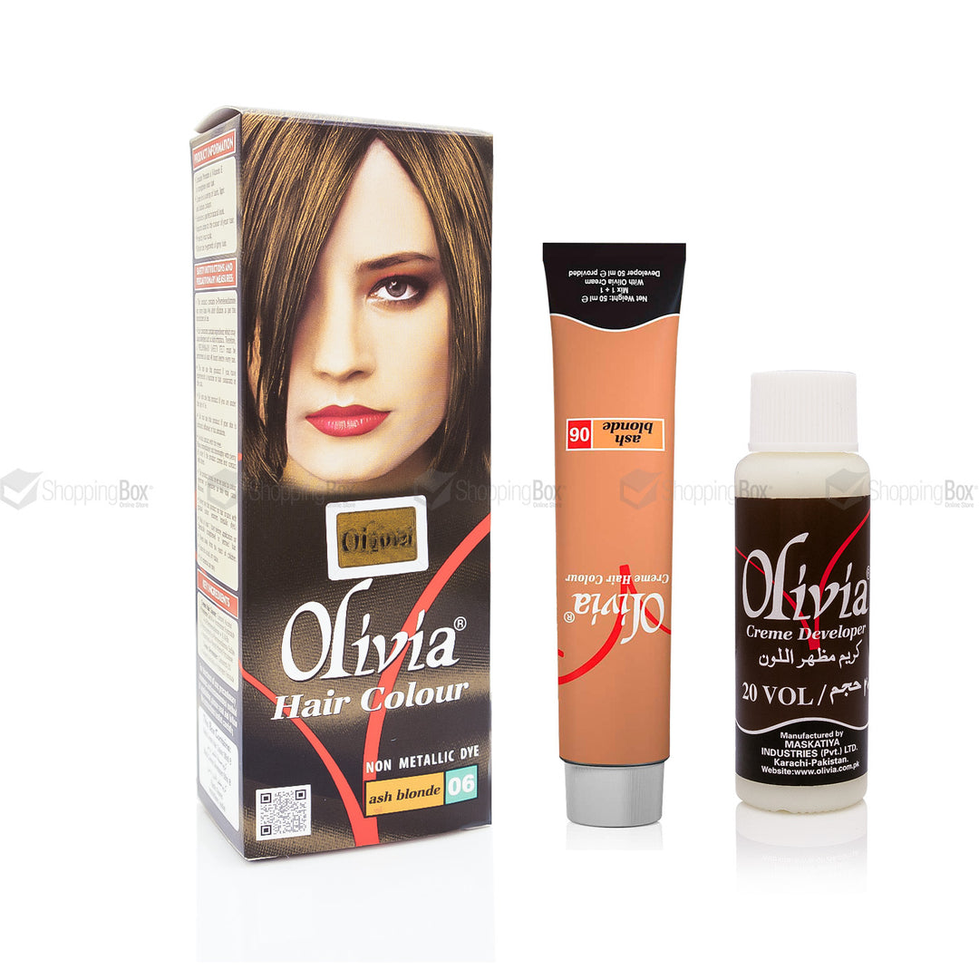 Olivia Hair Color Ash Blonde 06 box with cream, developer, and gloves at shopping box