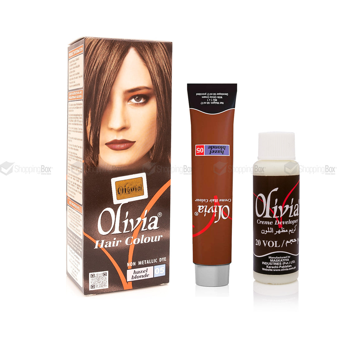 Olivia Hair Color Hazel Blonde 05 box with cream, developer, and gloves