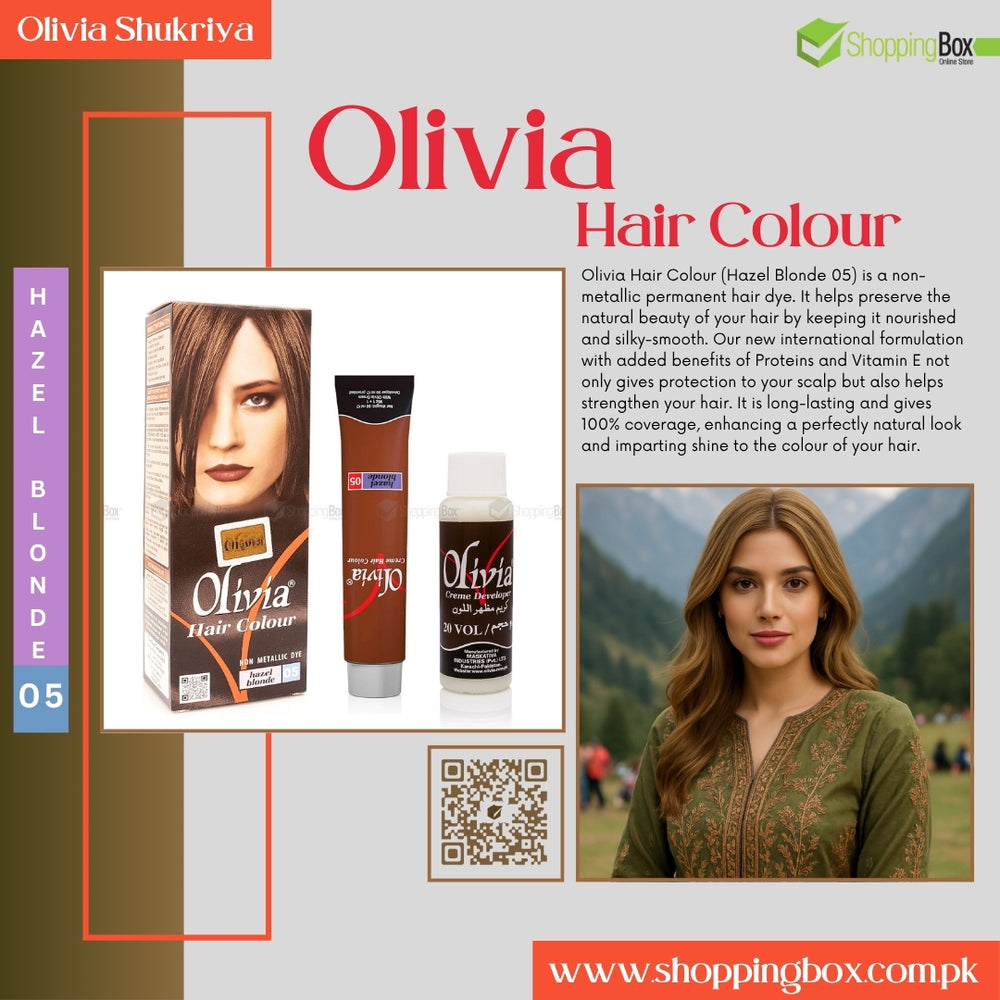 Advertisement for Olivia Hair Color with product packaging and a woman with blonde hair.