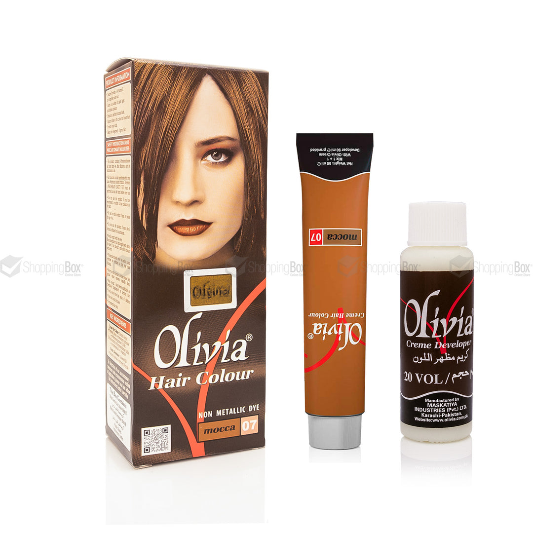 Olivia Hair Color Mocca 07 packaging with tube and developer – Shopping Box