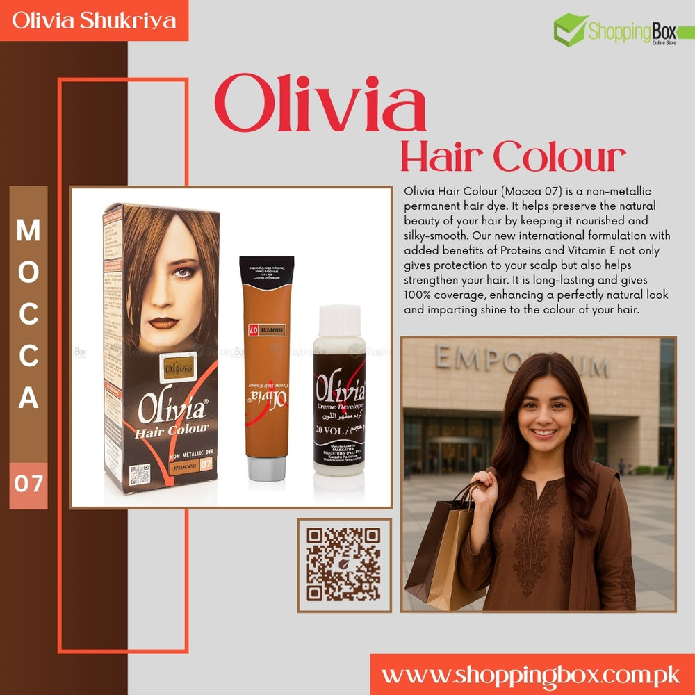 Advertisement for Olivia Hair Color with product packaging and a beautiful model in a brown outfit.