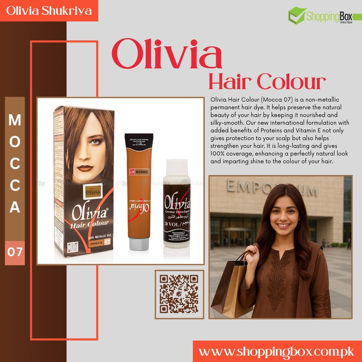 Advertisement for Olivia Hair Color with product packaging and a beautiful model in a brown outfit.