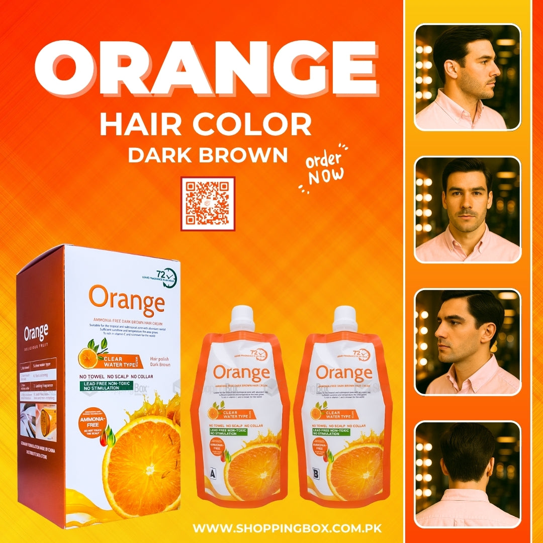 Advertisement for Orange hair color product with packaging and QR code on an orange background.