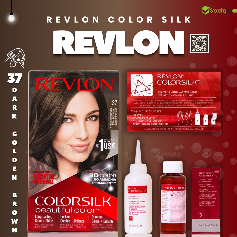 Revlon ColorSilk hair color packaging and products on a red background at poster for shopping box.
