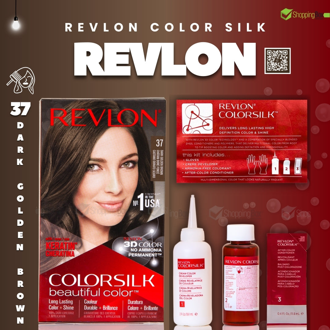 Revlon ColorSilk hair color packaging and products on a red background at poster for shopping box.