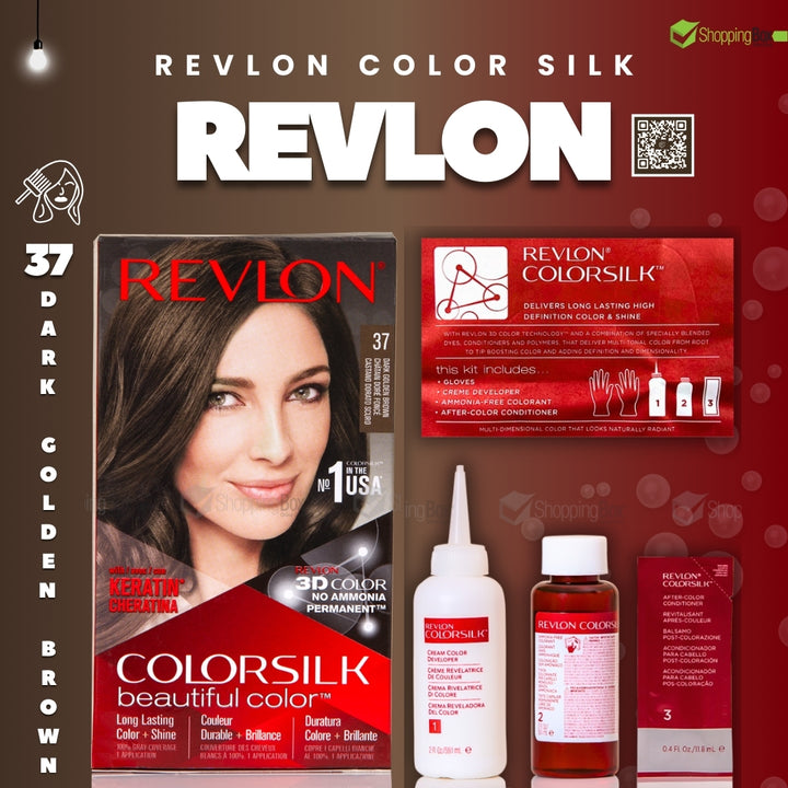 Revlon ColorSilk hair color packaging and products on a red background at poster for shopping box.