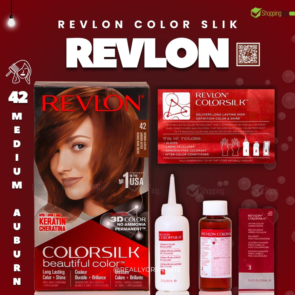 Front view of Revlon Colorsilk Beautiful Color 42 Medium Auburn hair color box.